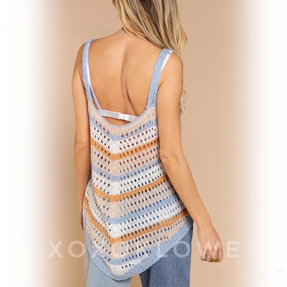 POL Blue + Orange Striped Crochet Open Knit Sleeveless Top - Picture 13 of 15
